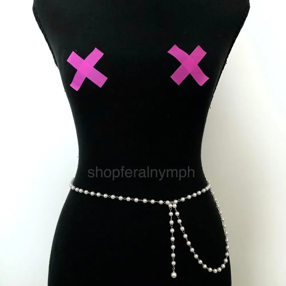 White Faux Pearl Gold Coquette Body Chain Belt, Fits Up to 42 Inches, X7GA1241